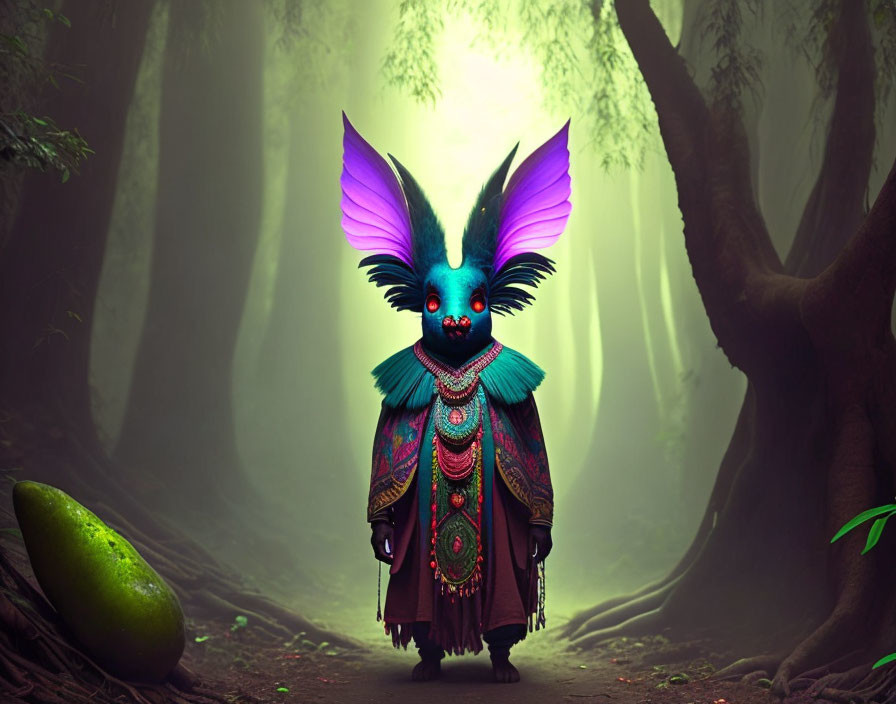 Colorful Creature with Purple Ears in Mystical Forest Setting