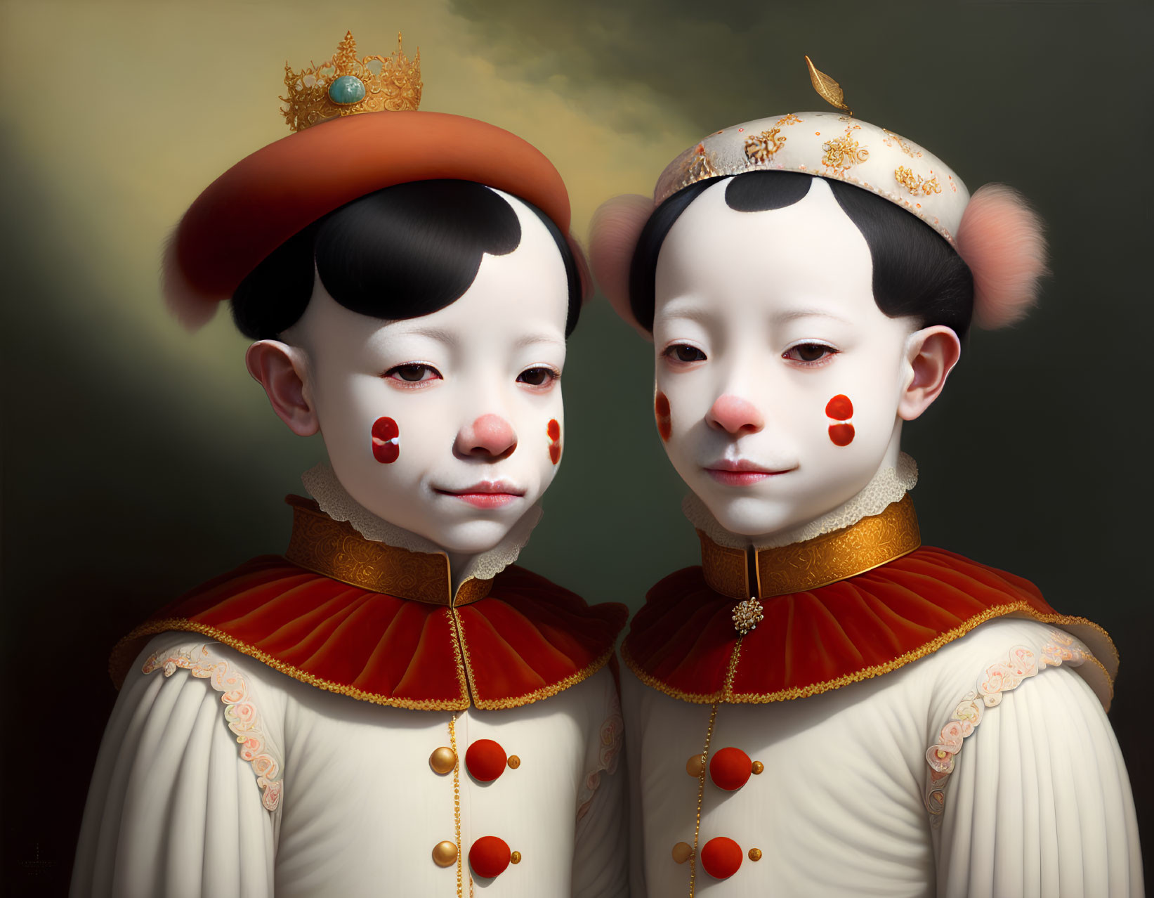 Stylized characters with porcelain-like skin in regal costumes and golden accents.