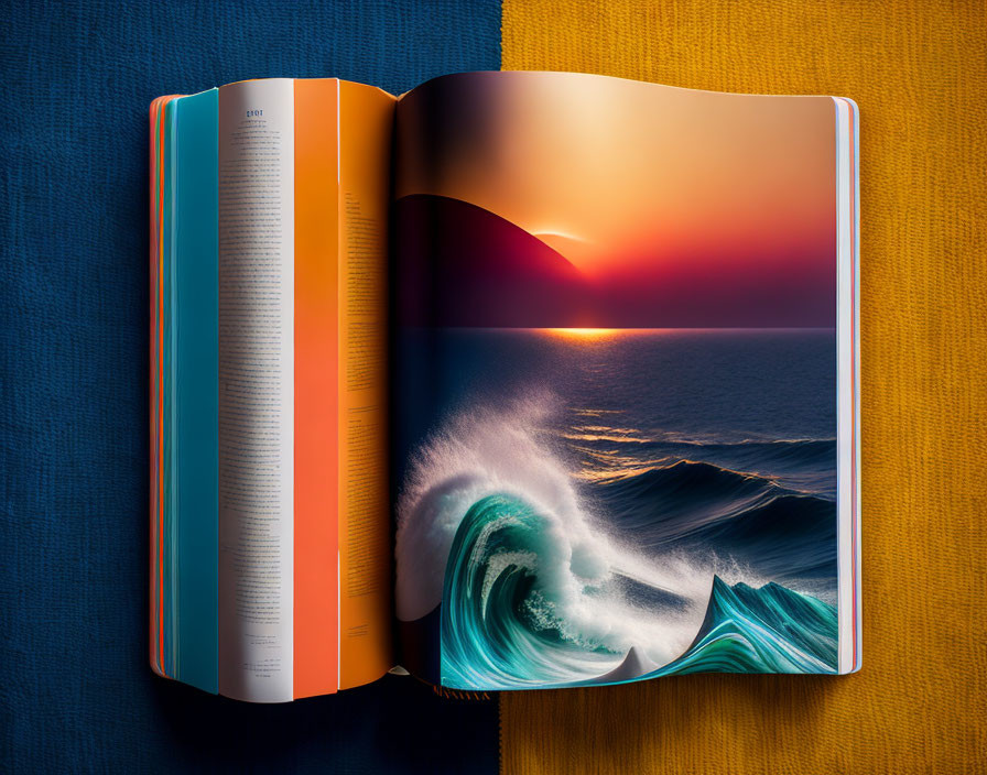 Vibrant ocean wave and sunset photo on blue and gold fabric background