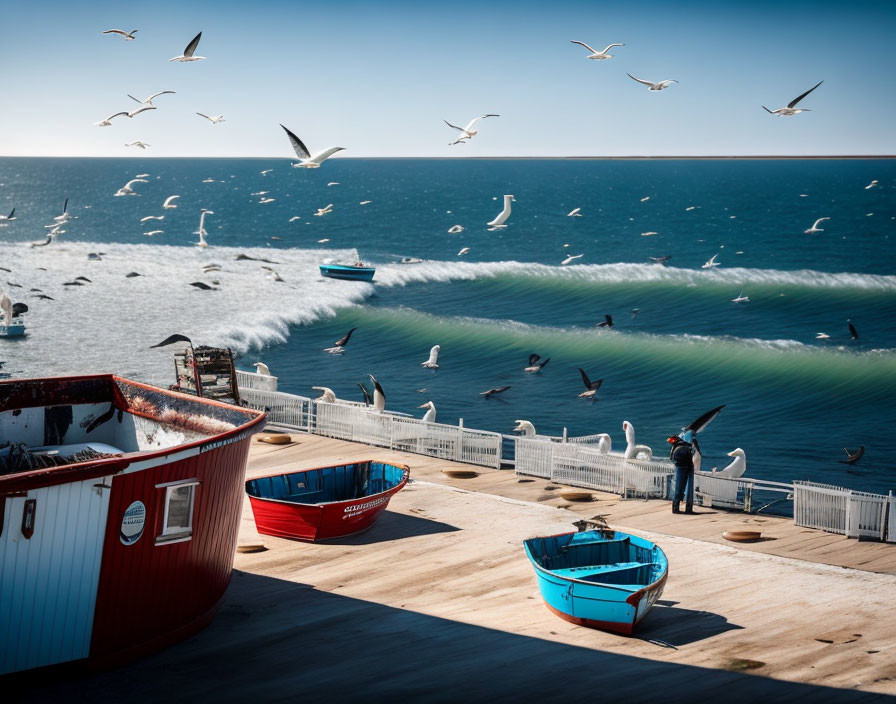 Tranquil seaside scene with birds, boats, and observer under clear blue sky