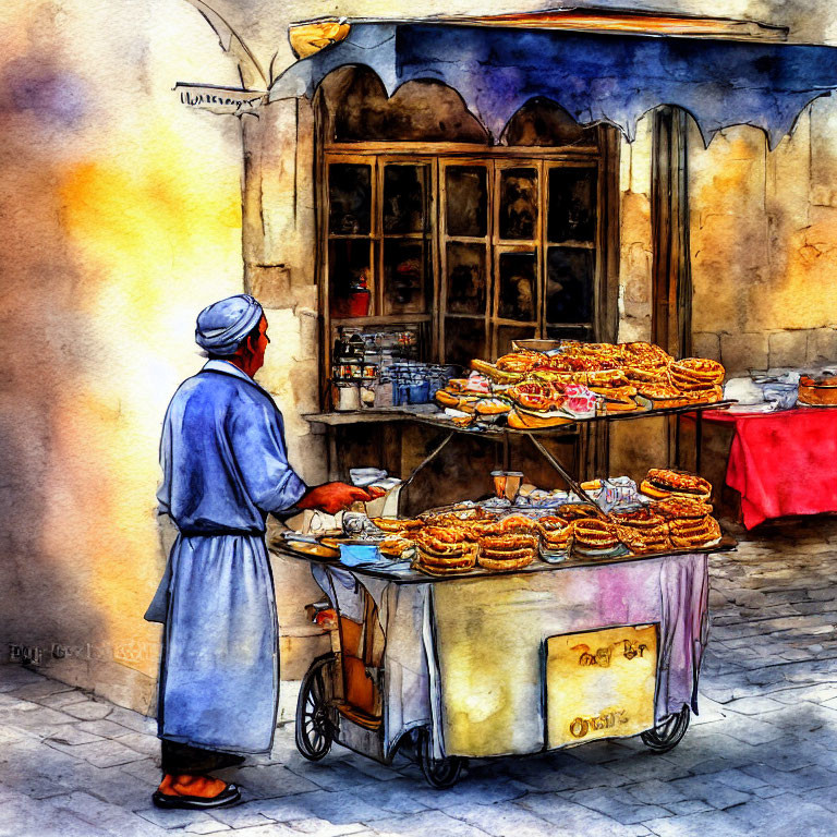 Colorful Watercolor Painting of Street Vendor with Pretzel Cart in Sunlit Alley