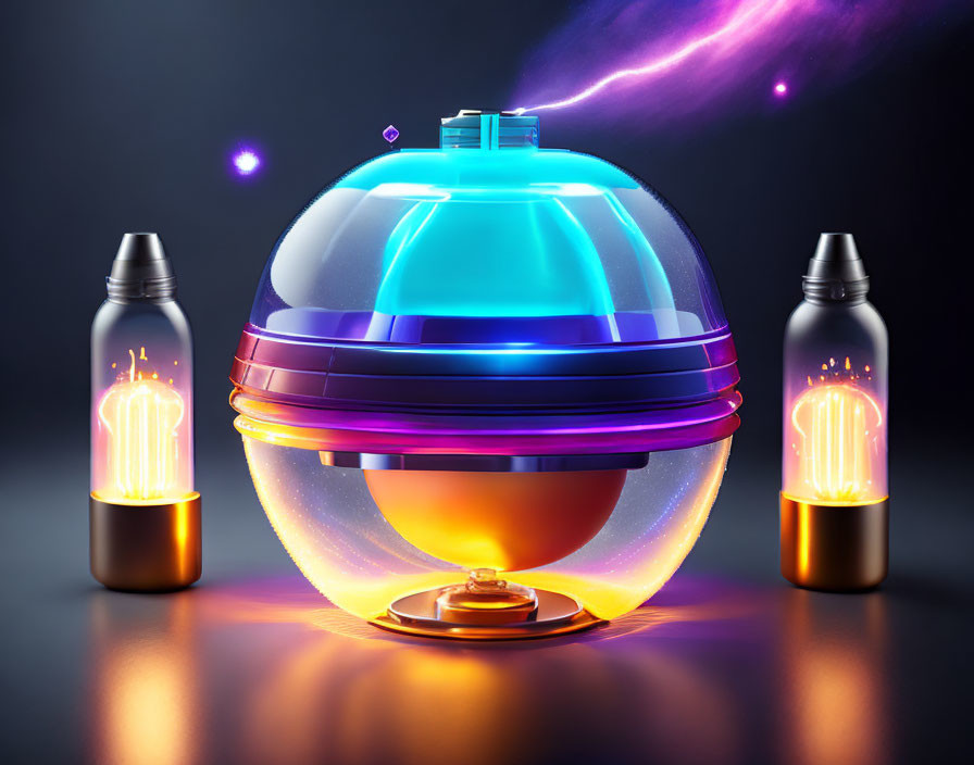 Futuristic glowing orange sphere device with blue dome and purple sparks bottles