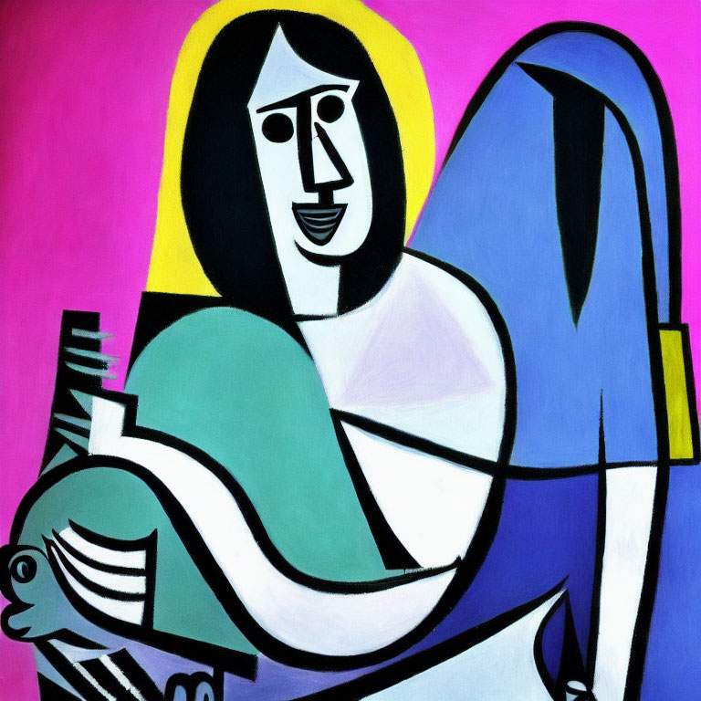 Cubist Seated Woman with Guitar on Pink Background