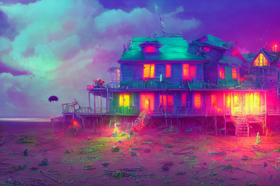 Whimsical Beach House at Dusk with Neon Lights