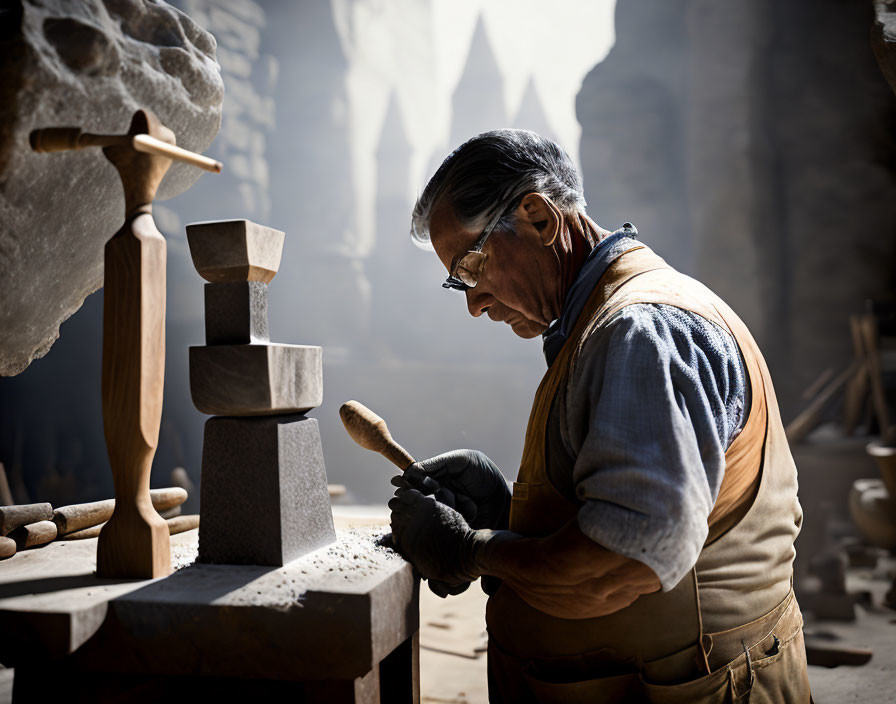 Elderly craftsman in vest carving stone with hammer and chisel