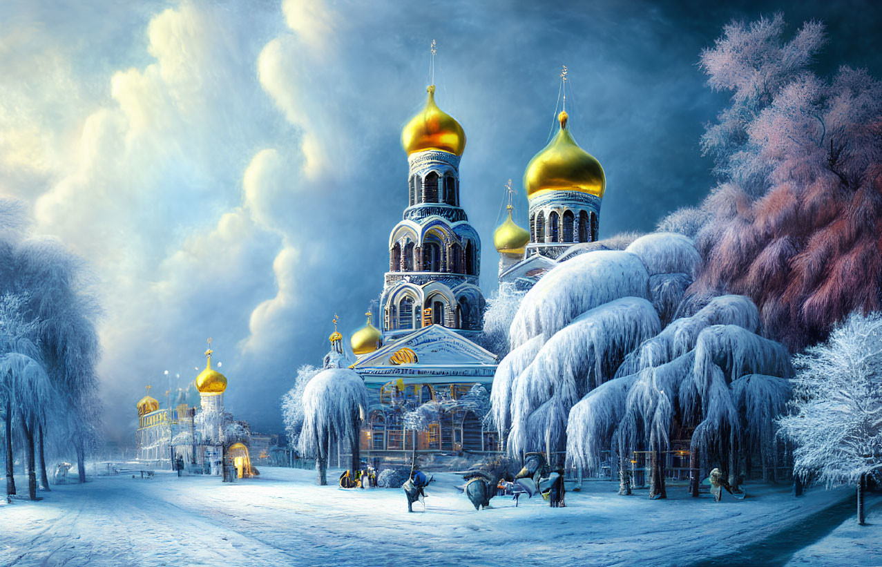 Majestic cathedral with golden domes in winter landscape with wolves