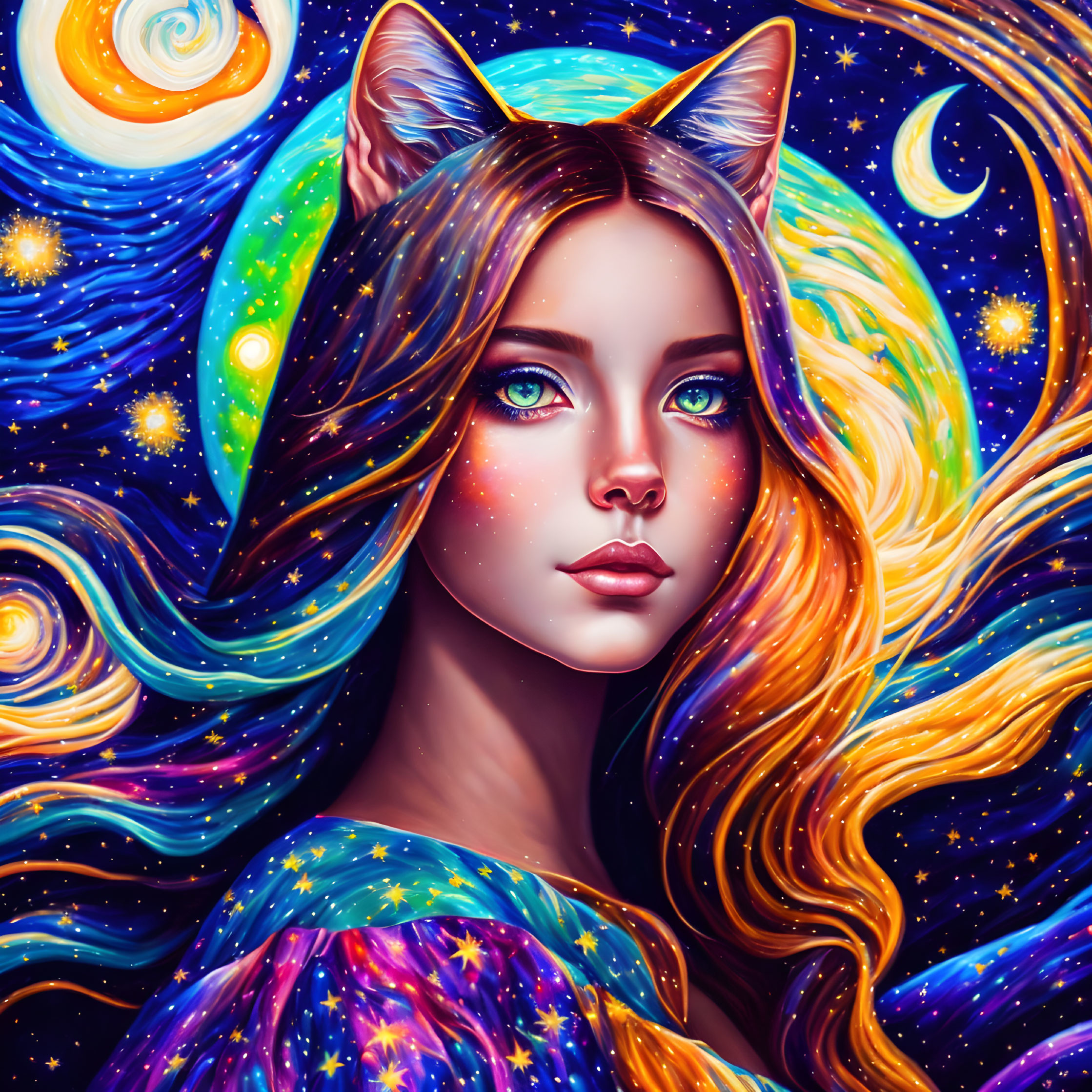 Cosmic portrait of woman with feline ears in vibrant setting