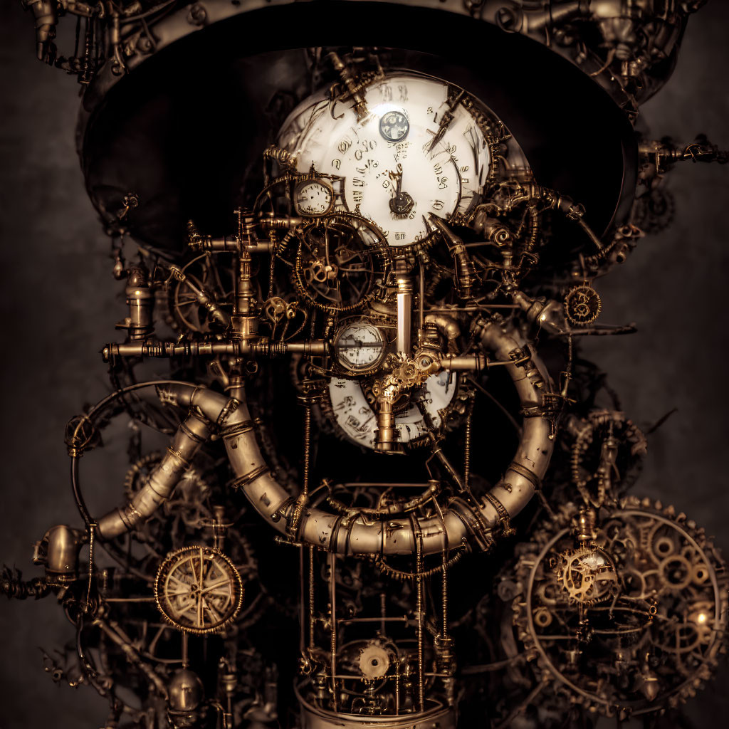 Steampunk-inspired contraption with gears, pipes, dials, and clocks