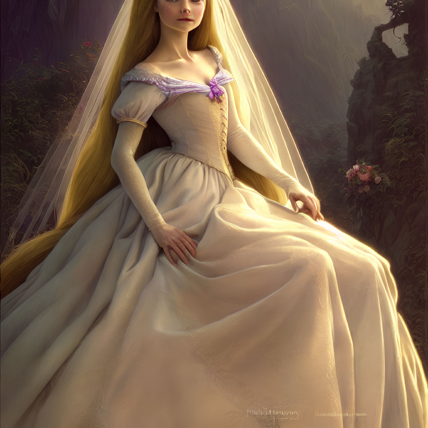 Elegant woman in flowing gown and veil in mystical woodland setting