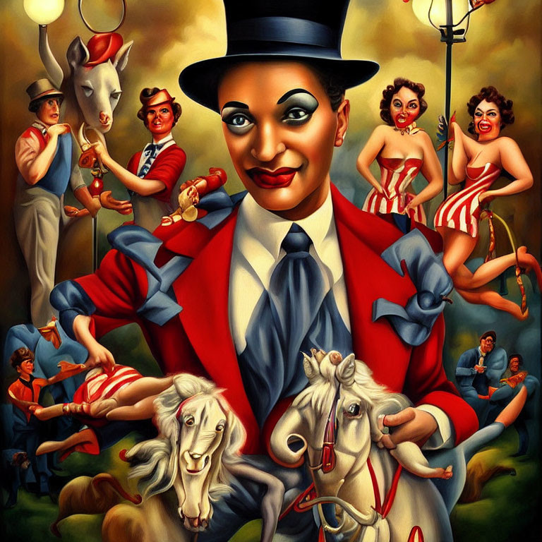 Colorful Circus Scene Painting with Ringmaster and Performers