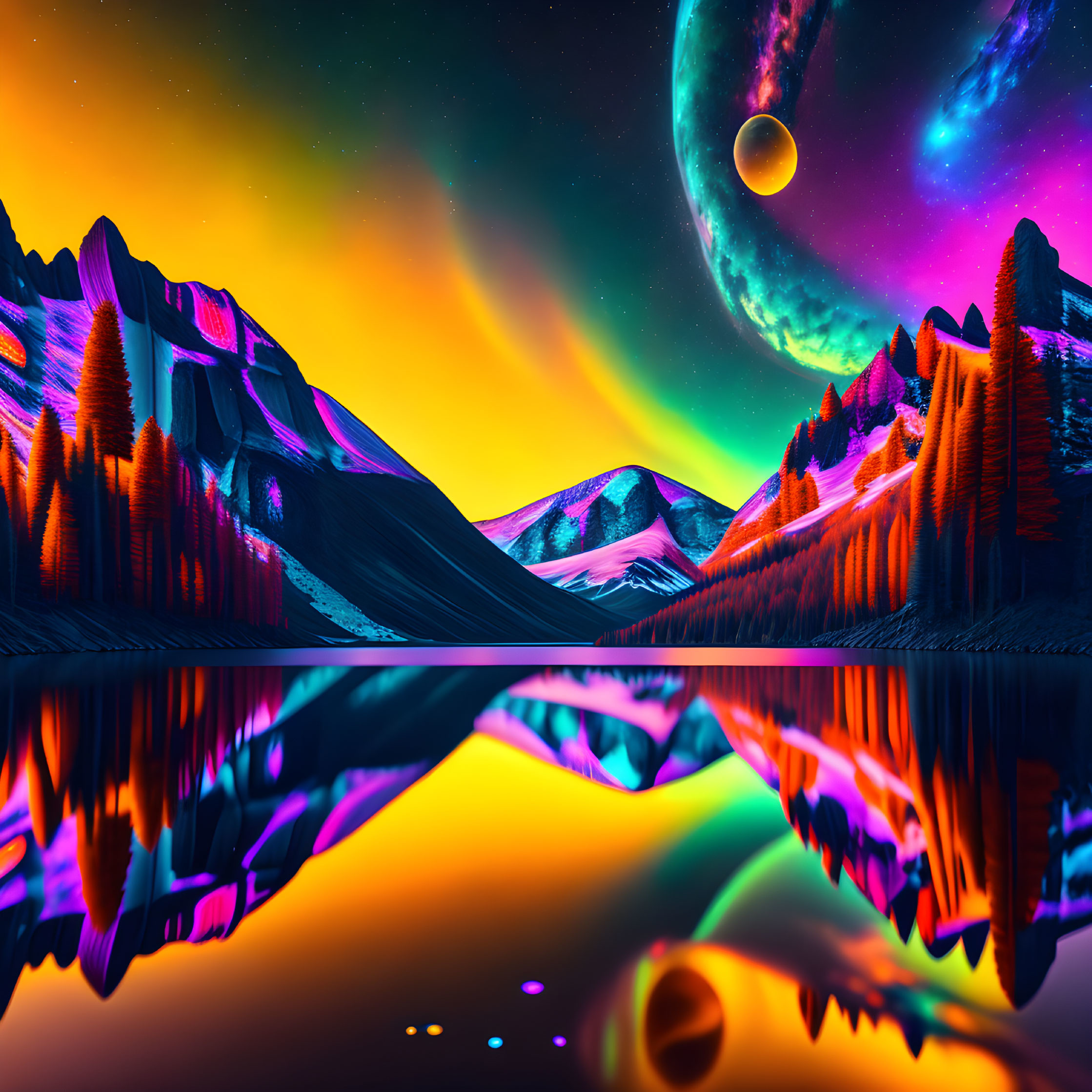 Surreal neon landscape: mountains, pine trees, moon, planet, starry sky