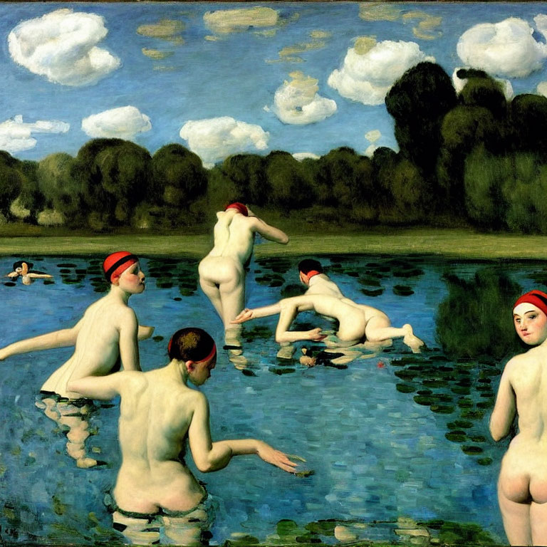 Impressionist painting of six nude figures bathing in serene river landscape