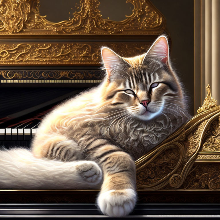 Tabby Cat Relaxing on Black Piano Bench in Opulent Setting