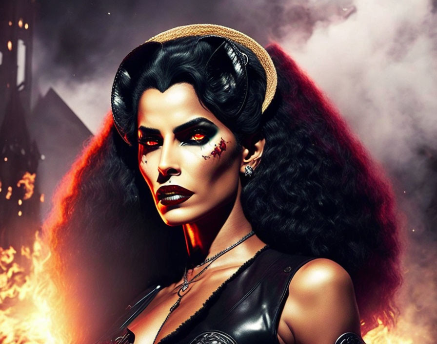 Woman in dramatic makeup and black outfit against fiery backdrop with castle silhouette.