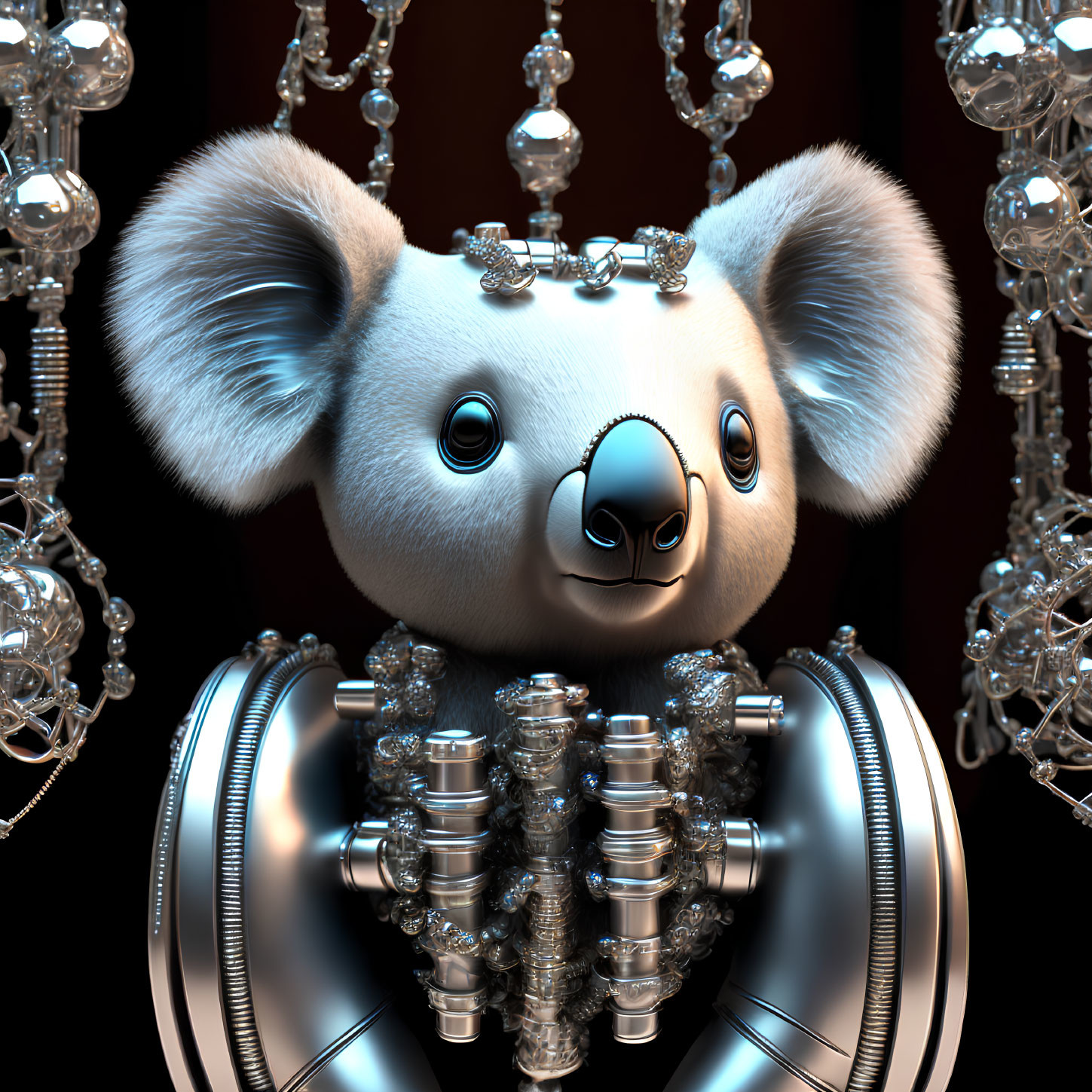 Whimsical robotic koala with metal body and crystal chandeliers