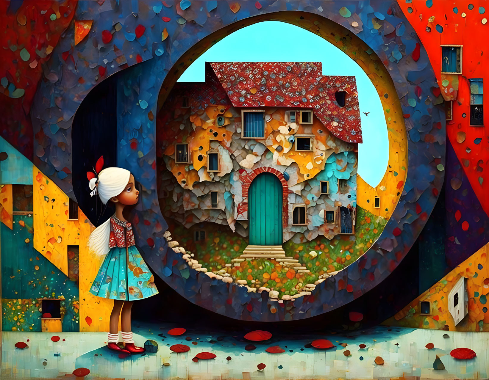 Girl in Blue Dress Stands by Whimsical Stone House