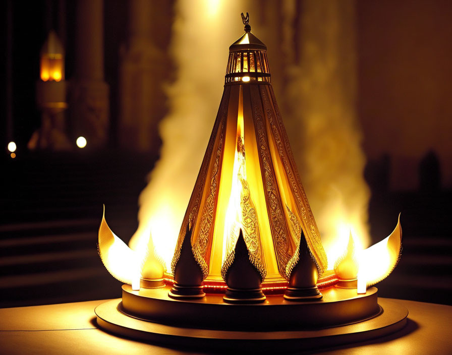 Golden ornate lamp with lit flames on pedestal, soft glowing lights and columns.