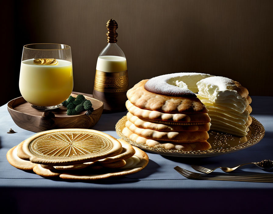 Luxurious Dessert Setting with Fluffy Pancakes, Gold Cookies, Whipped Cream, and Golden