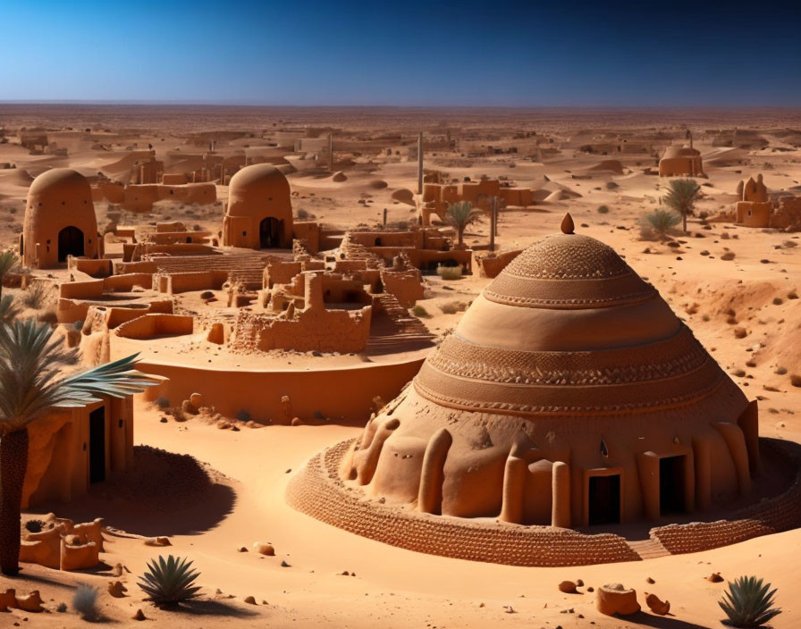 Traditional mud-brick desert village under clear blue sky