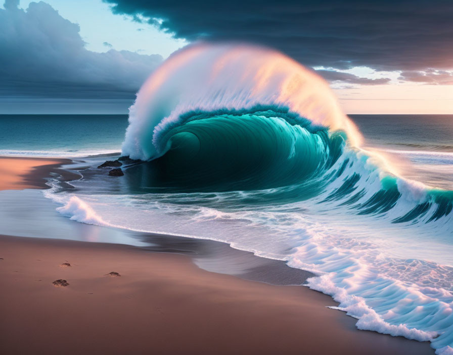 Turquoise Wave Cresting at Sunrise on Sandy Beach