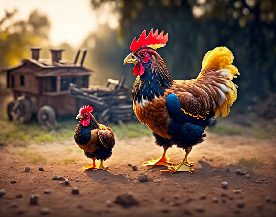 Rooster and Hen in Dusty Farmyard with Vintage Wooden Coop