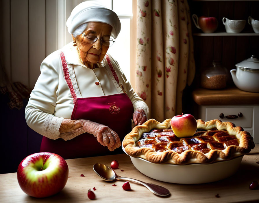 Elderly woman baking apple pie in cozy kitchen