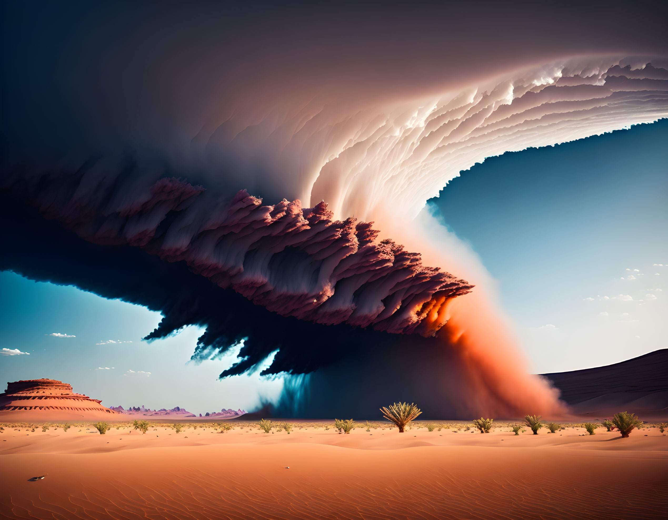 Surreal desert landscape with towering dunes under massive wave-like cloud.