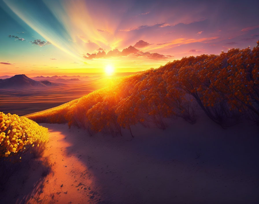 Colorful desert sunset with golden shrubs and rolling dunes under streaked sky