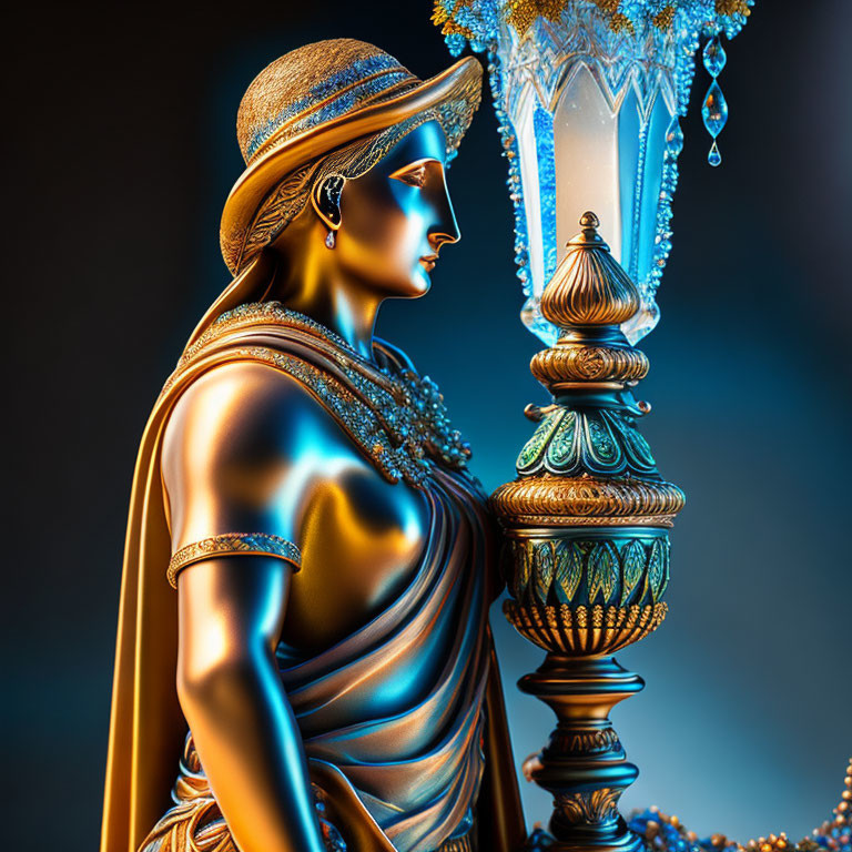 Golden statue of woman with hat and jewelry next to elegant lamp with blue crystals