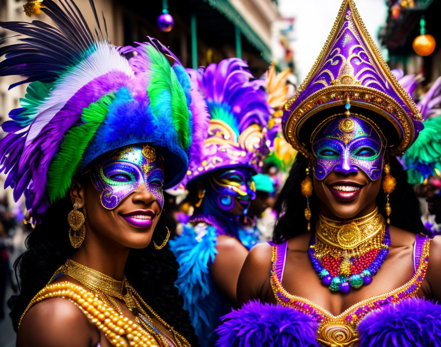 Vibrant feathered costumes and masks at colorful carnival celebration