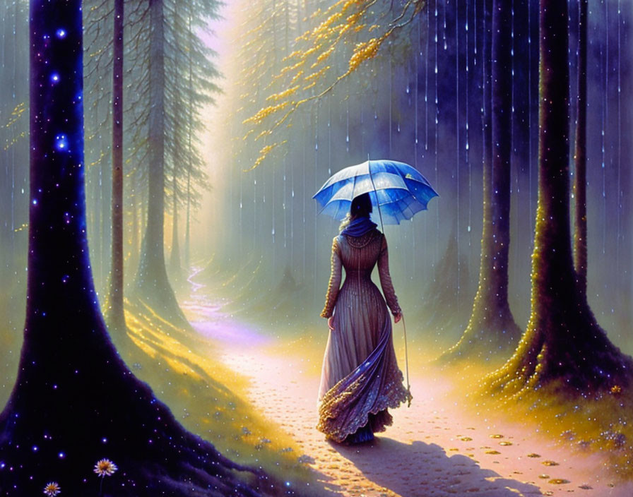 Woman with umbrella in enchanted forest with purple hues and glittering lights.