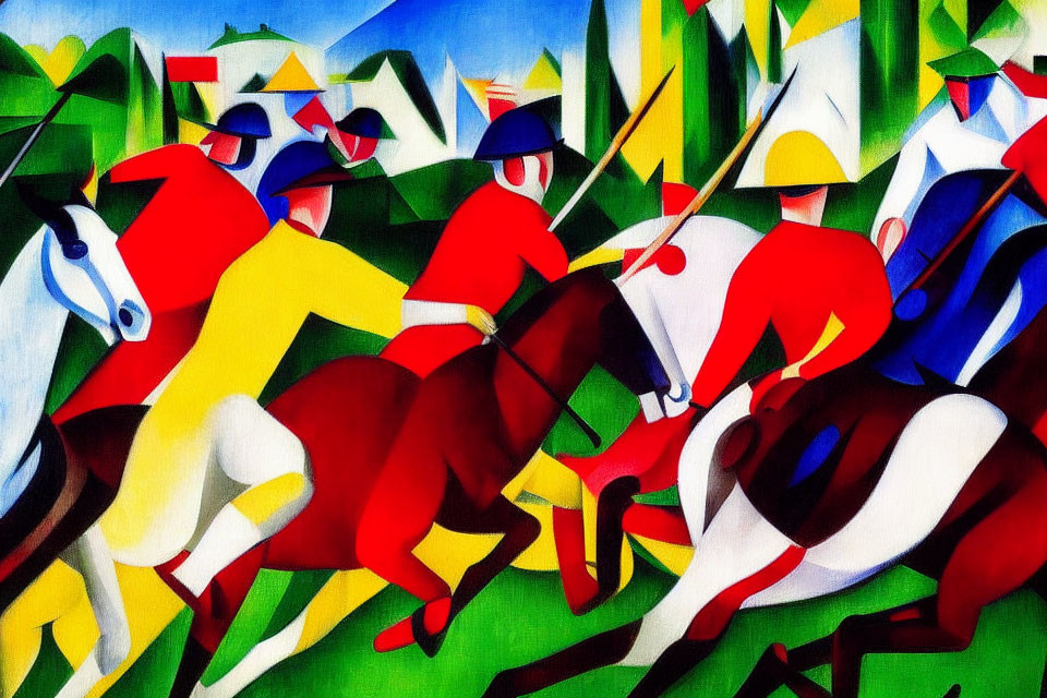 Vibrant abstract painting of racing jockeys on horses