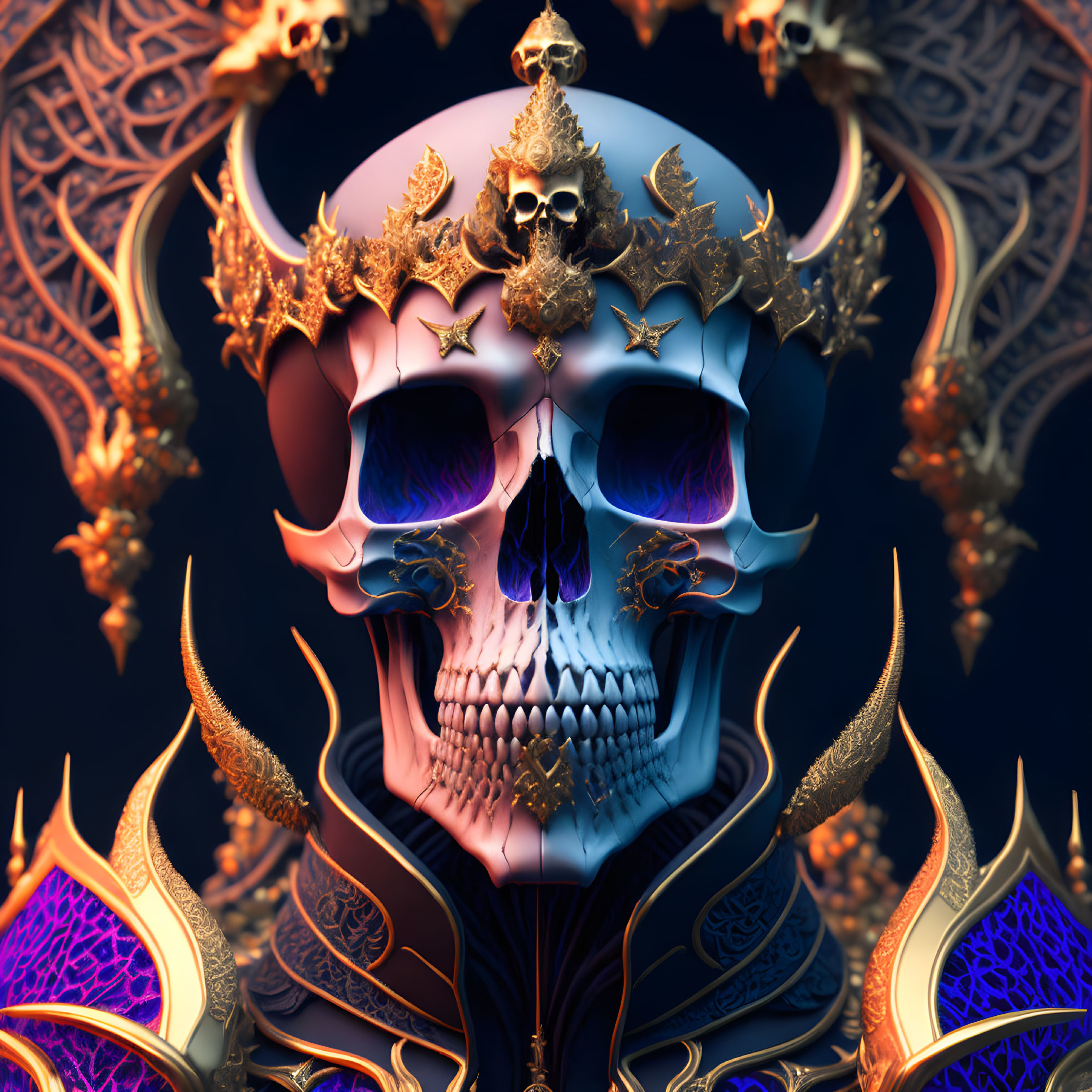 Colorful digital art: stylized skull with gold floral elements on intricate purple mandala background