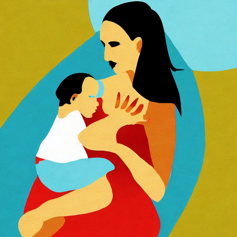 Stylized illustration of mother and baby in red dress, blue and yellow background