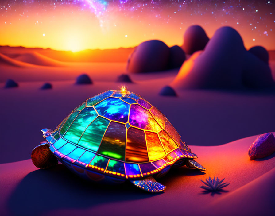 Colorful Stained-Glass Turtle in Desert Sunset Scenery