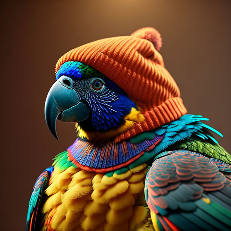 Vibrant parrot in orange beanie and striped sweater on brown backdrop