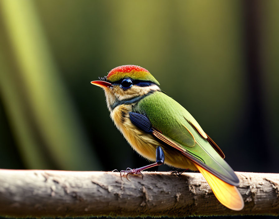 Colorful Bird with Red Forehead and Green Back Perched on Branch