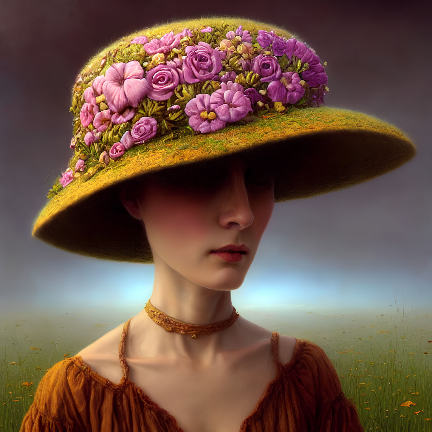 Serene woman in large brimmed hat with vivid flowers on dusky background