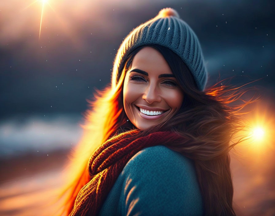 Smiling woman in beanie and scarf at sunset with warm light