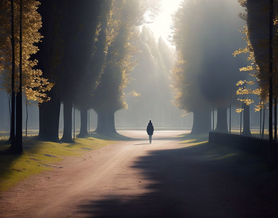 Serene tree-lined path in soft morning light and mist