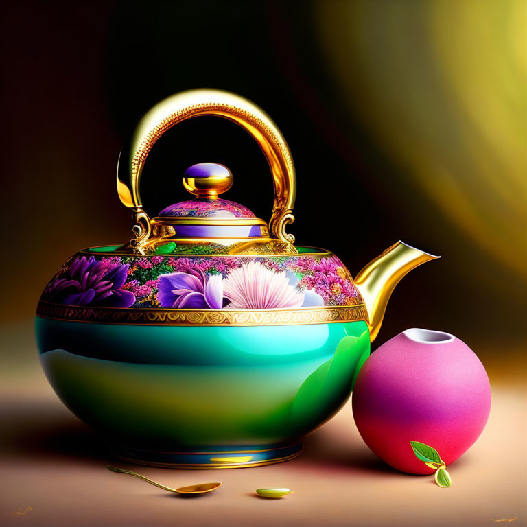 Colorful Floral Teapot Next to Pink Container on Gradient Background
