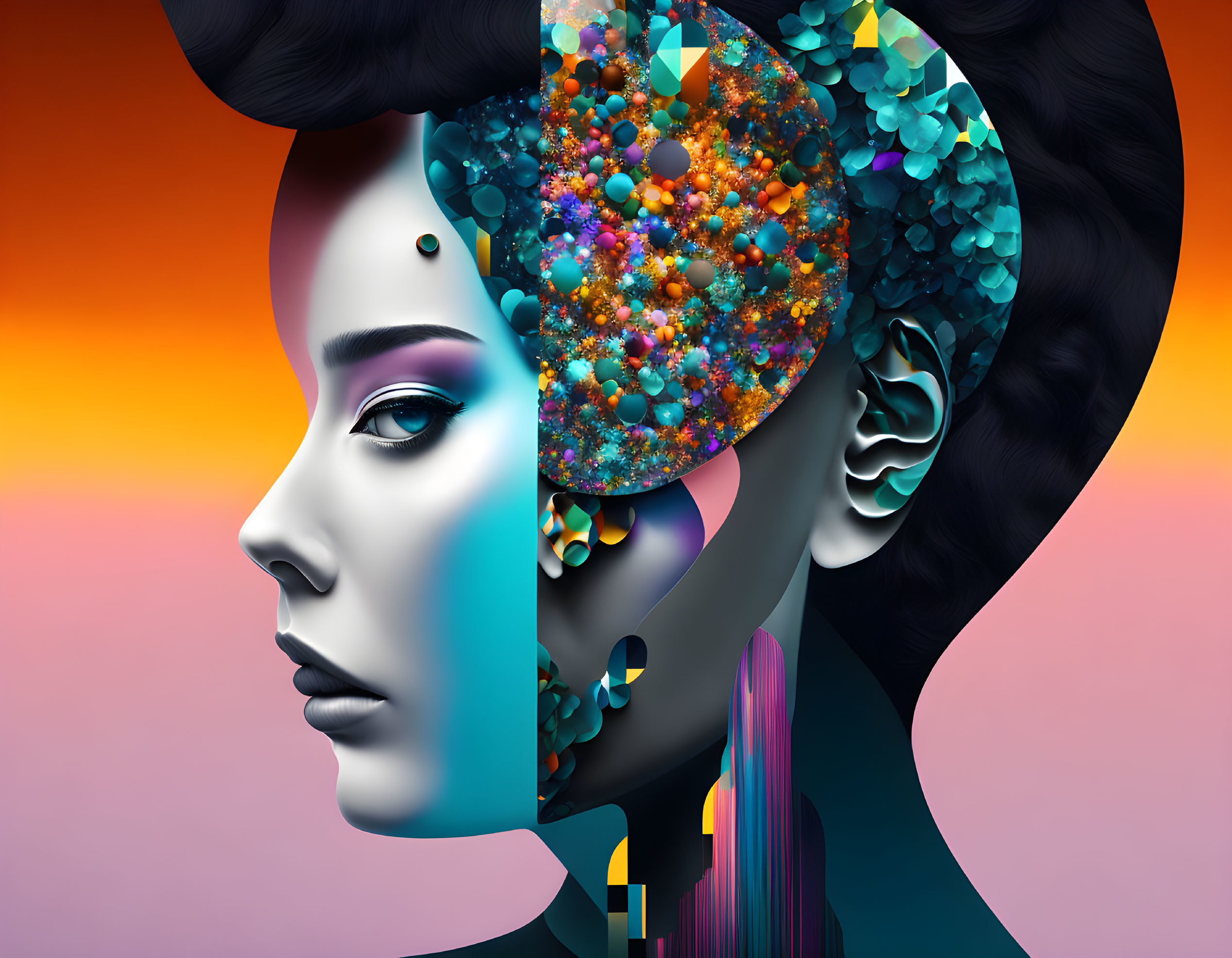 Colorful digital artwork: Woman with fractal brain, split face in cool and warm tones, on