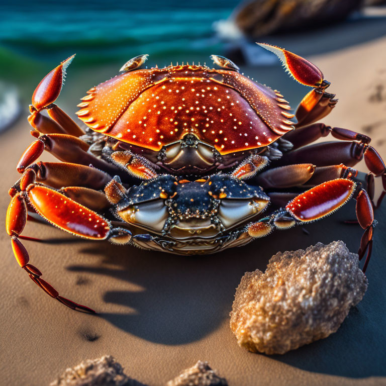 Colorful Crab with Orange Speckled Shell on Sandy Beach