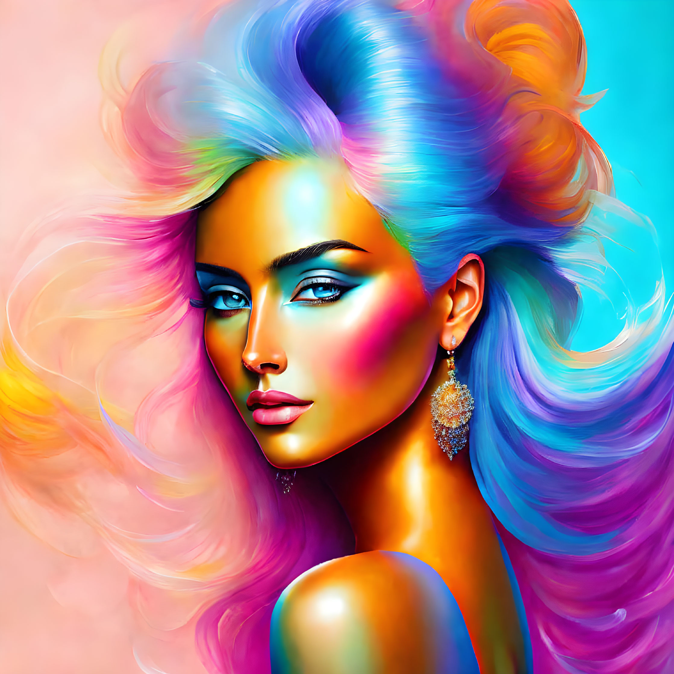 Colorful digital artwork: Woman with multicolored hair and blue eyes