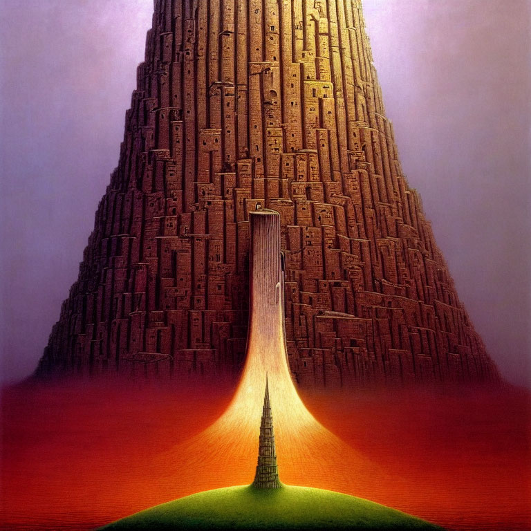 Surreal painting: Massive tower with illuminated doorway in desolate landscape