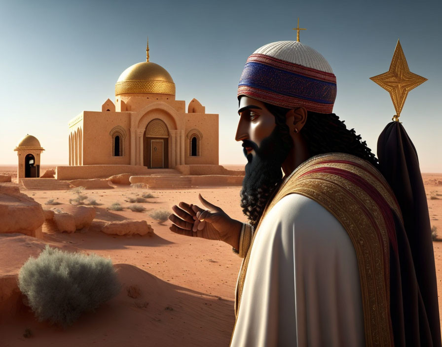 Bearded man in traditional Middle Eastern attire gesturing towards golden-domed mosque in desert landscape