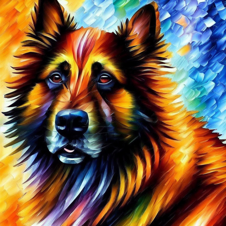 Colorful painting of a dog's head in vibrant blues, oranges, and yellows