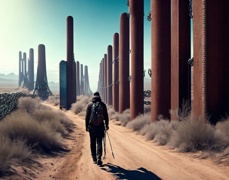 Person with backpack walking among cylindrical structures in desert landscape