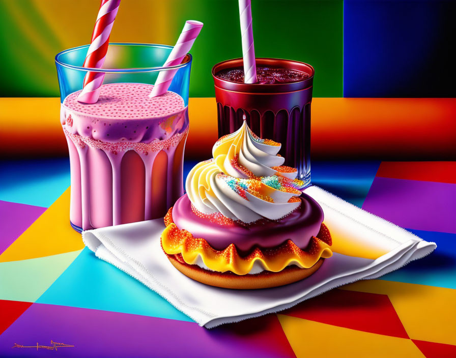 Colorful Still Life of Pink Milkshake, Purple Drink, and Layered Dessert