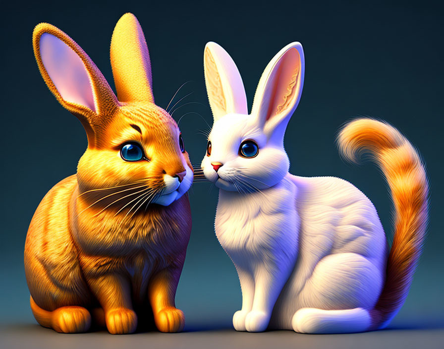 Stylized anthropomorphic rabbits in orange and white against blue background